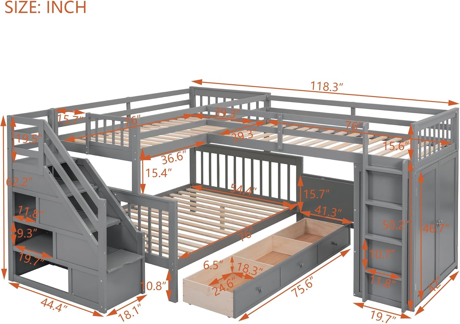 Twin Over Full Wooden Bunk Bed with Stairs, Desk, Storage and Wardrobe D3913