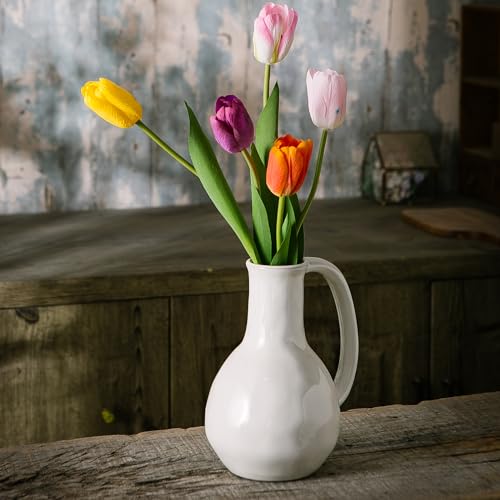 White Ceramic Vase with Double Handle, Rustic Glazed Decor P7017