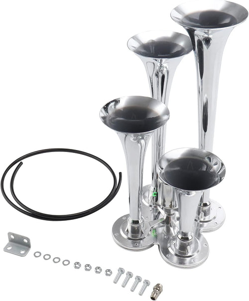 TIMAGIC 12V Horn Kit fit for compatible with Semi Pickup Train Truck SUV Car Quad Trumpets Train Horns Super Loud 170dB, Silver Pack of 2