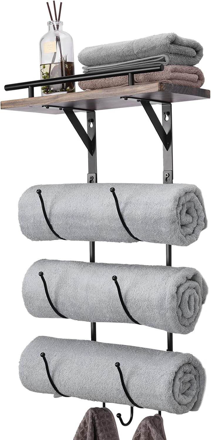 Towel Rack Holder for Bathroom Wall Mounted,Metal Towel Racks with Wooden Shelf and 3 Hooks,Storage Organizer for Bath Towel,Beach Towel,Hand Towel,Washcloth,Small Towel