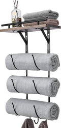 Towel Rack Holder for Bathroom Wall Mounted,Metal Towel Racks with Wooden Shelf and 3 Hooks,Storage Organizer for Bath Towel,Beach Towel,Hand Towel,Washcloth,Small Towel