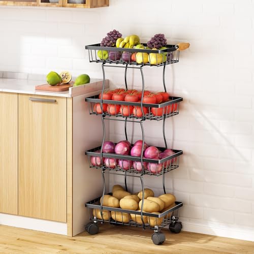 SAYZH 5 Tier Fruit Basket for Kitchen, Stackable Fruit and Vegetable Wire Basket with Wheels for Banana Onions and Potatoes Storage and Organization, Black