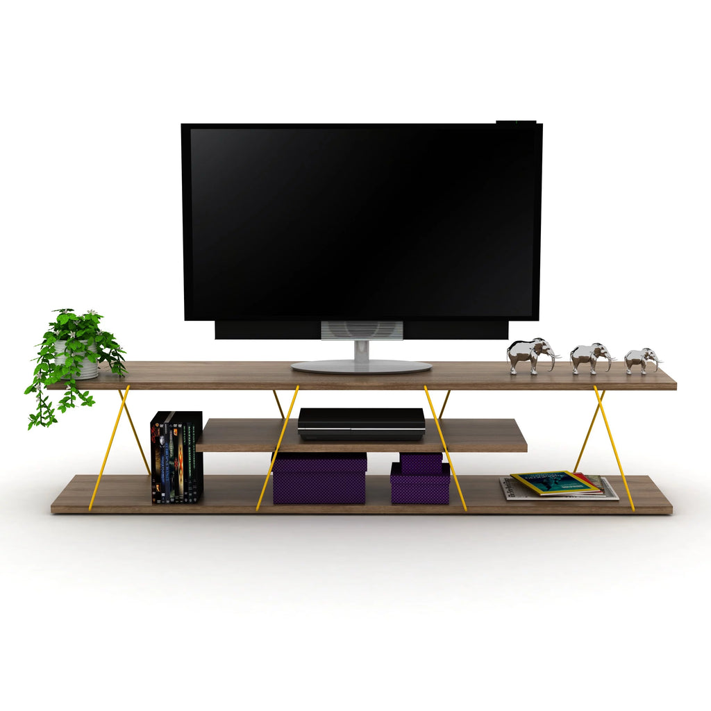 Tars Mid Century Modern Tv Stand 4 Shelves Open Storage Metal Cords Entertainment Centre 56 inch Low Tv Unit, Walnut/Yellow