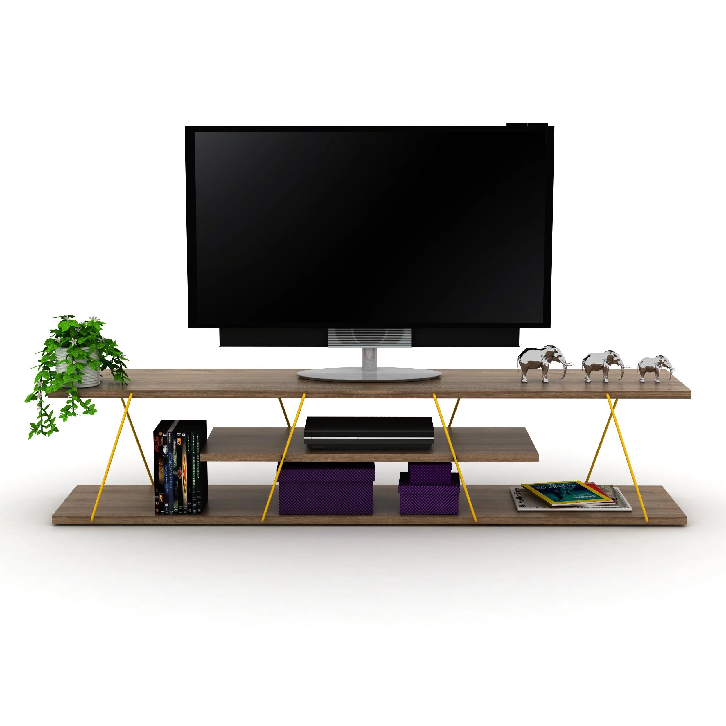 Tars Mid Century Modern Tv Stand 4 Shelves Open Storage Metal Cords Entertainment Centre 56 inch Low Tv Unit, Walnut/Yellow