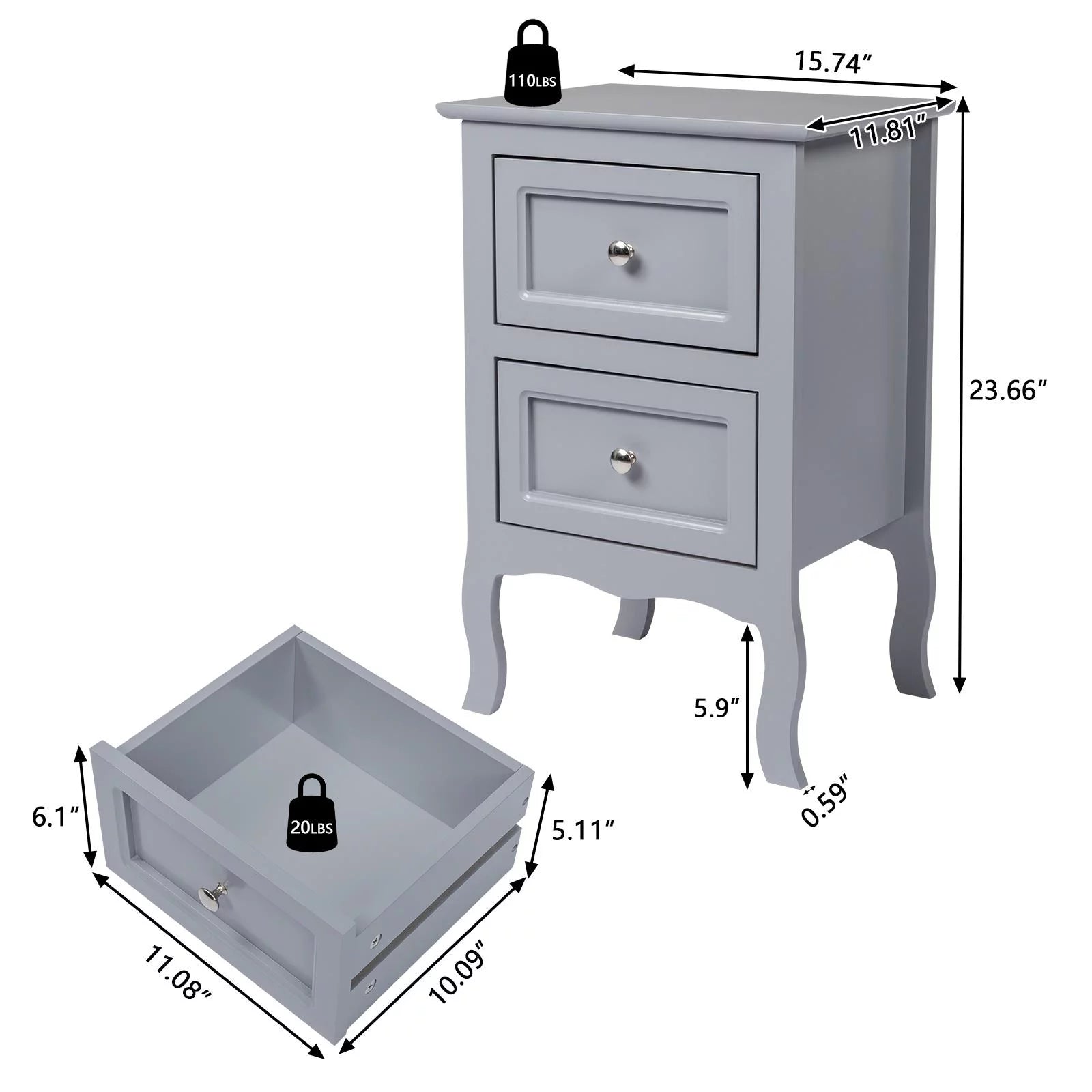Nightstand with 2 Storage Drawers, Set of 2, Gray O3057