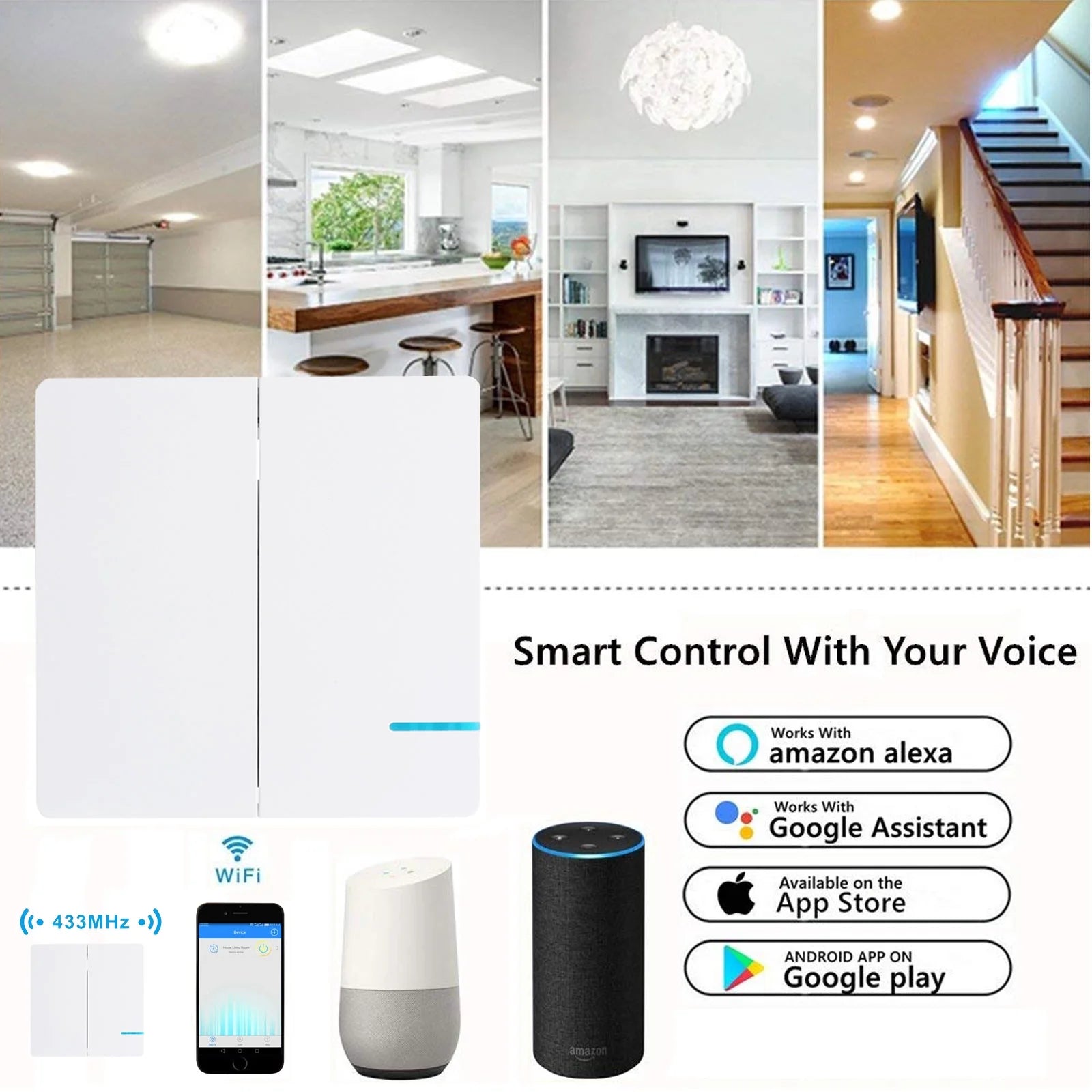 Smart Light Switch WiFi Wall Wireless 2-Gang with Remote Control and Timing Function E449633