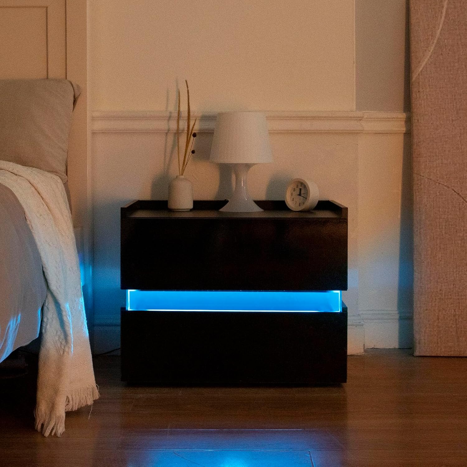 LED Nightstand with 2 Drawers, Black High Gloss Bedside Table W1059