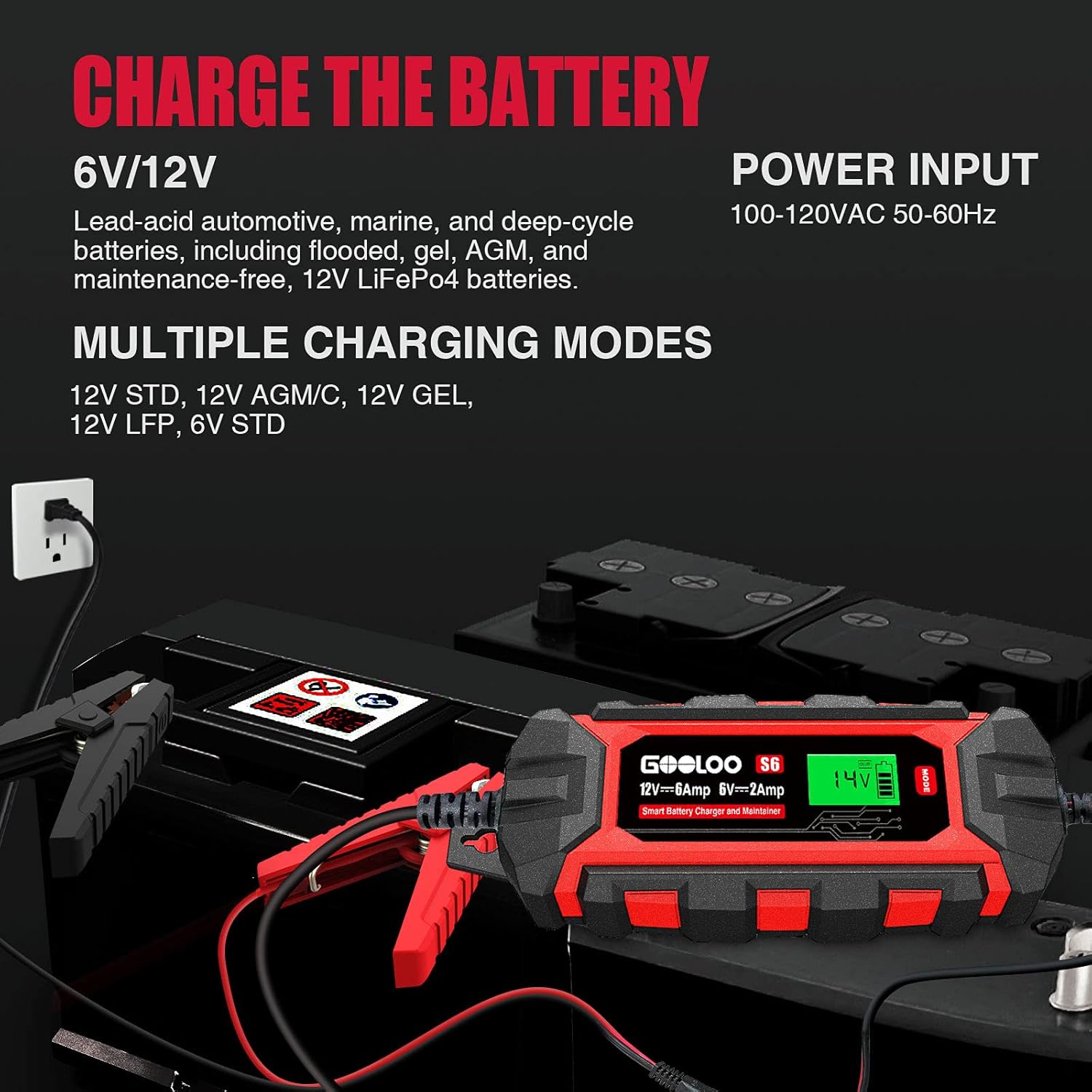 6 Amp Smart Battery Charger, 6V 12V Trickle Charger and Maintainer for Lead-Acid Battery, LCD Display G6163
