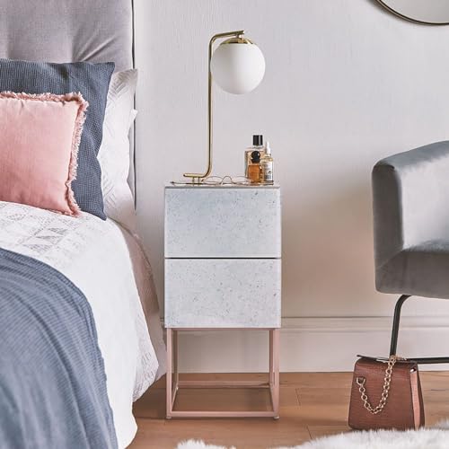 Glass Small Nightstand with 2 Drawer, Marble Tall Bedside Table for Bedroom V50111