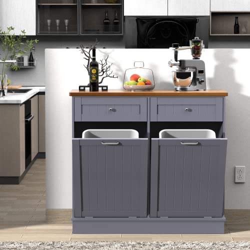Double Tilt Out Trash Cabinet 20 Gallon,Antique-style Beadboard Trash Can Cabinet Kitchen with Solid Wood Tabletop & Drawer, Pet Proof Trash Can, Wood Laundry Cabinet (Black)