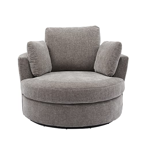 42.2" W Oversize Round Chair, 360 Degree Chenille Swivel Accent Barrel Chair with 3 Pillows for Bedroom Living Room Lounge Hotel (Beige)