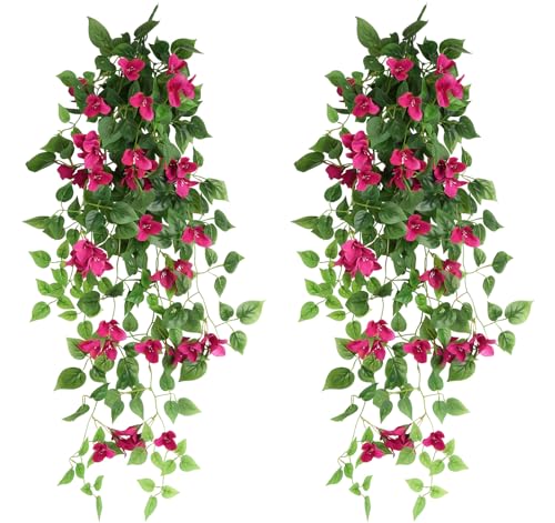 2pcs Artificial Bougainvillea Hanging Flowers 40" Fake Bougainvillea Long Plant UV Resistant Faux Silk Bougainvillea Flower Vines for Wedding Porch Patio Garden Yard Outdoor Decor (Rose Red)