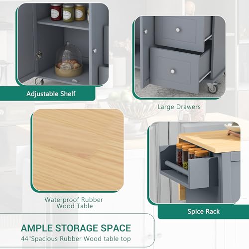 Kitchen Island on Wheels with Storage, Drop Leaf, 52.7 Inch, Grey Blue D265957