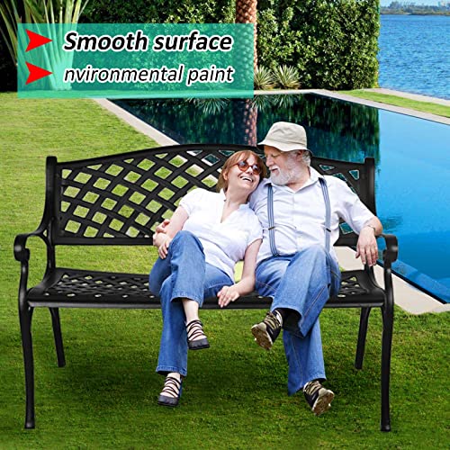 Outdoor Cast Aluminum Patio Bench with Checkered Design V265343