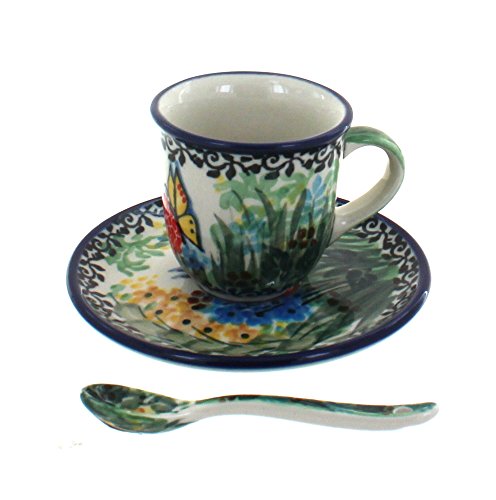 Blue Rose Polish Pottery Blue Fleur Espresso Cup & Saucer with Spoon