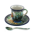 Blue Rose Polish Pottery Blue Fleur Espresso Cup & Saucer with Spoon