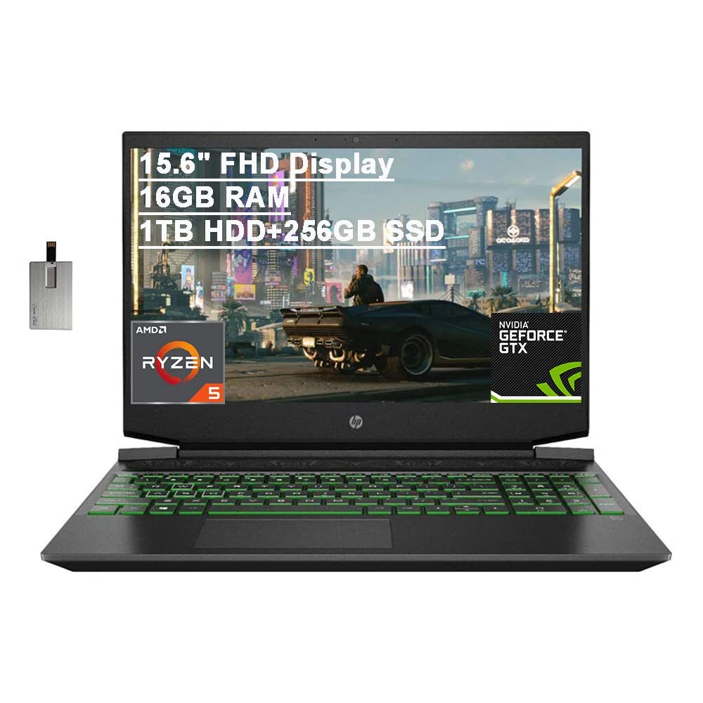 HP 2021 Pavilion 15.6" FHD Gaming Laptop Laptop, AMD Ryzen 5-4600H, 16GB RAM, 1TB HDD+256GB SSD, Backlit Keyboard, B&O Audio, HD Webcam, GeForce GTX 1650, Win10, Black, 32GB USB Card