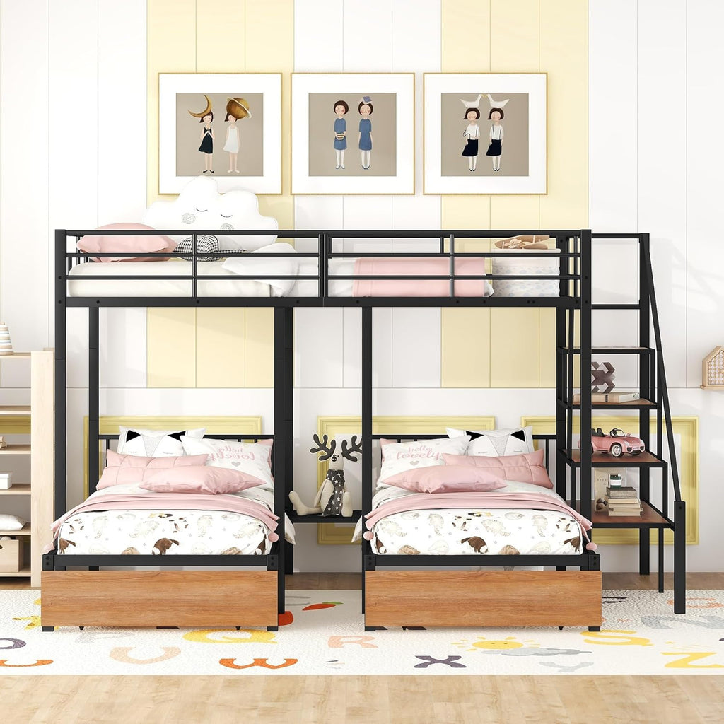 CITYLIGHT Triple Bunk Beds with Storage, Metal Full Over Twin & Twin Bunk Beds with Stairs,3 Bed Bunk Bunk for Kids, Girls, Boys,Teens, Adults,Space Saving Design,Can be Separated into 3 Beds, Black