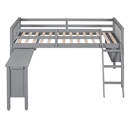 Wooden Full Size Low Loft Bed with Rolling Desk, Chair, and Cabinets for Kids S1286