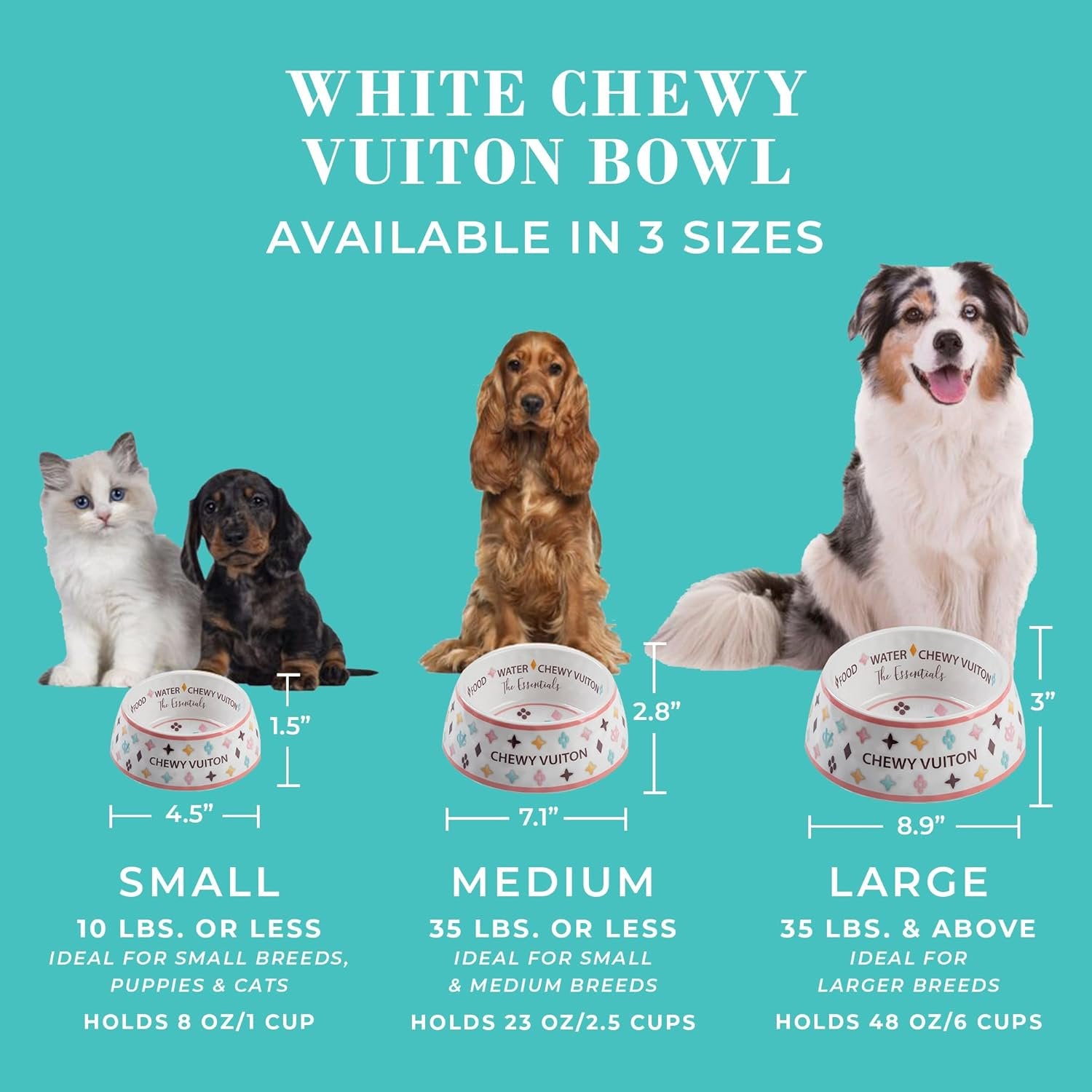 White Chewy Vuiton Dog Bowls &amp; Placemat, BPA-Free Food &amp; Water Bowls, Non-Skid, Dishwasher Safe, Includes Food Mat, Small Size, Case of 2