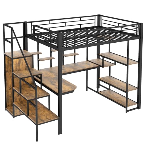 Full Size Metal Loft Bed with Storage Staircase and Desk I161867