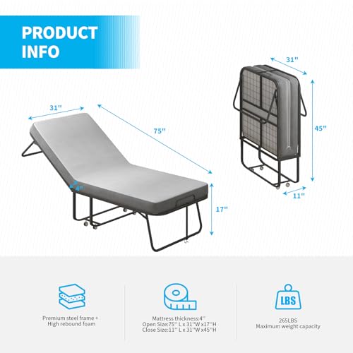 Folding Bed with Mattress for Adults, Portable Twin Size with Metal Frame X112982
