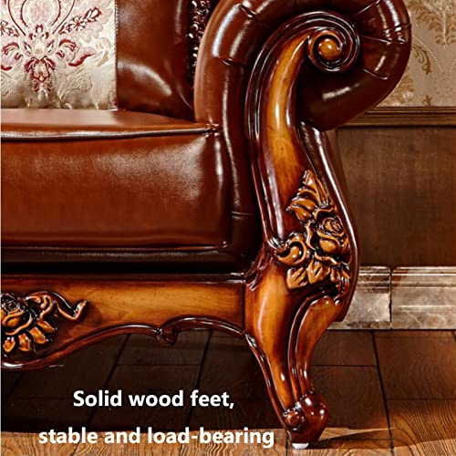 Solid Wood Carved Leather Sofa for Living Room with Pillows Stool A2915