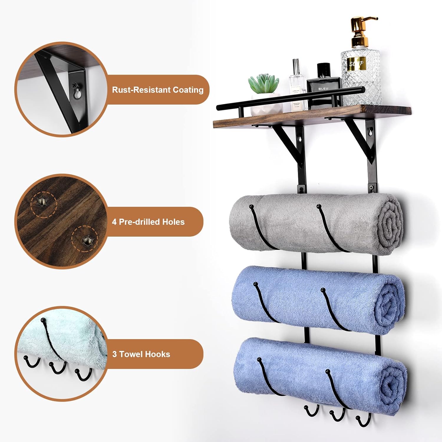 Wall Mounted Metal Towel Rack with Wooden Shelf and 3 Hooks P1472