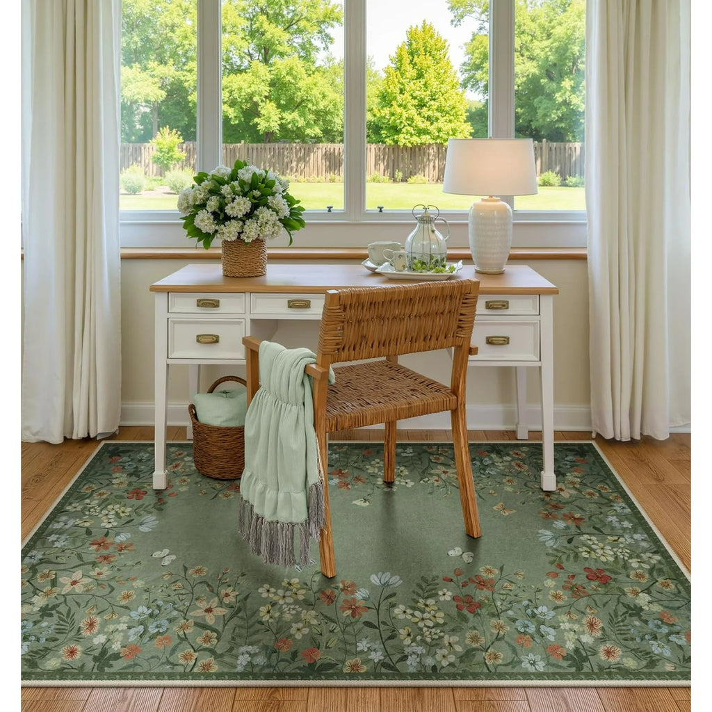 Washable Green Floral Area Rug 4x6, Non-Slip Low-Pile Indoor Carpet O8865
