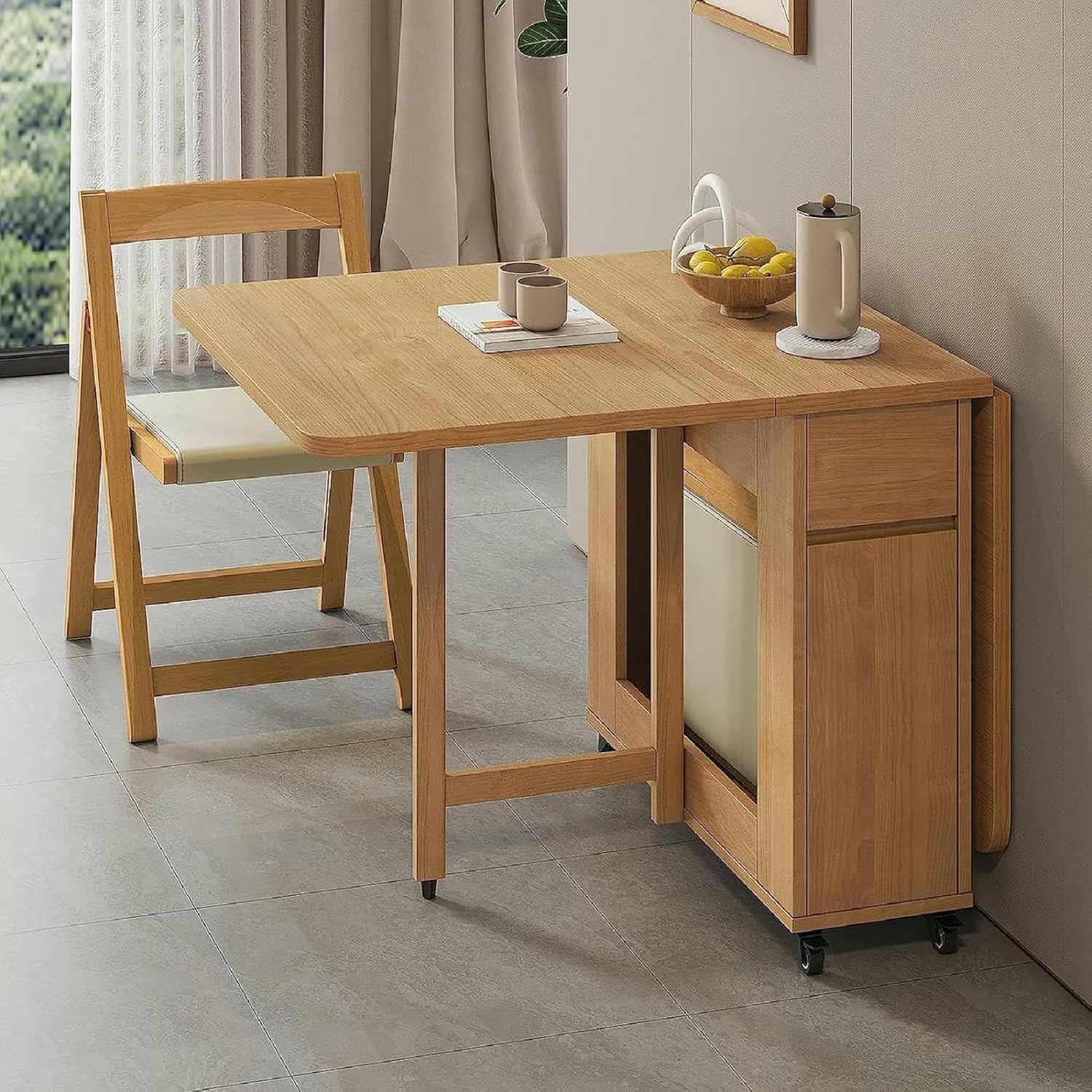 Wooden Extendable Dining Table Set with 4 Chairs, Drop Leaf, Wheels, 1 Drawer Q238