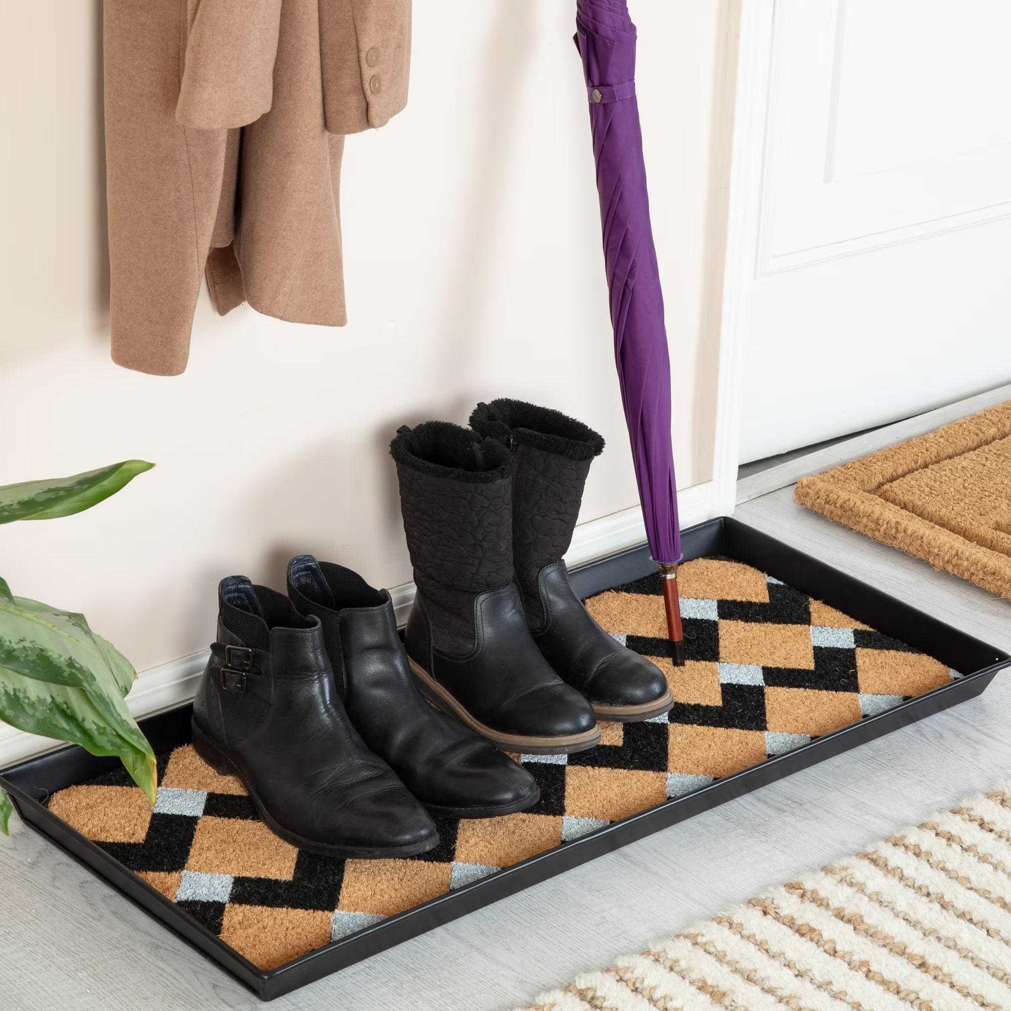 Black Metal Boot Tray with Tan &amp; Black Chevron Coir Insert