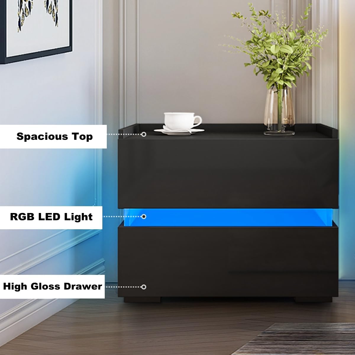 LED Nightstand with 2 Drawers, Black High Gloss Bedside Table W1059