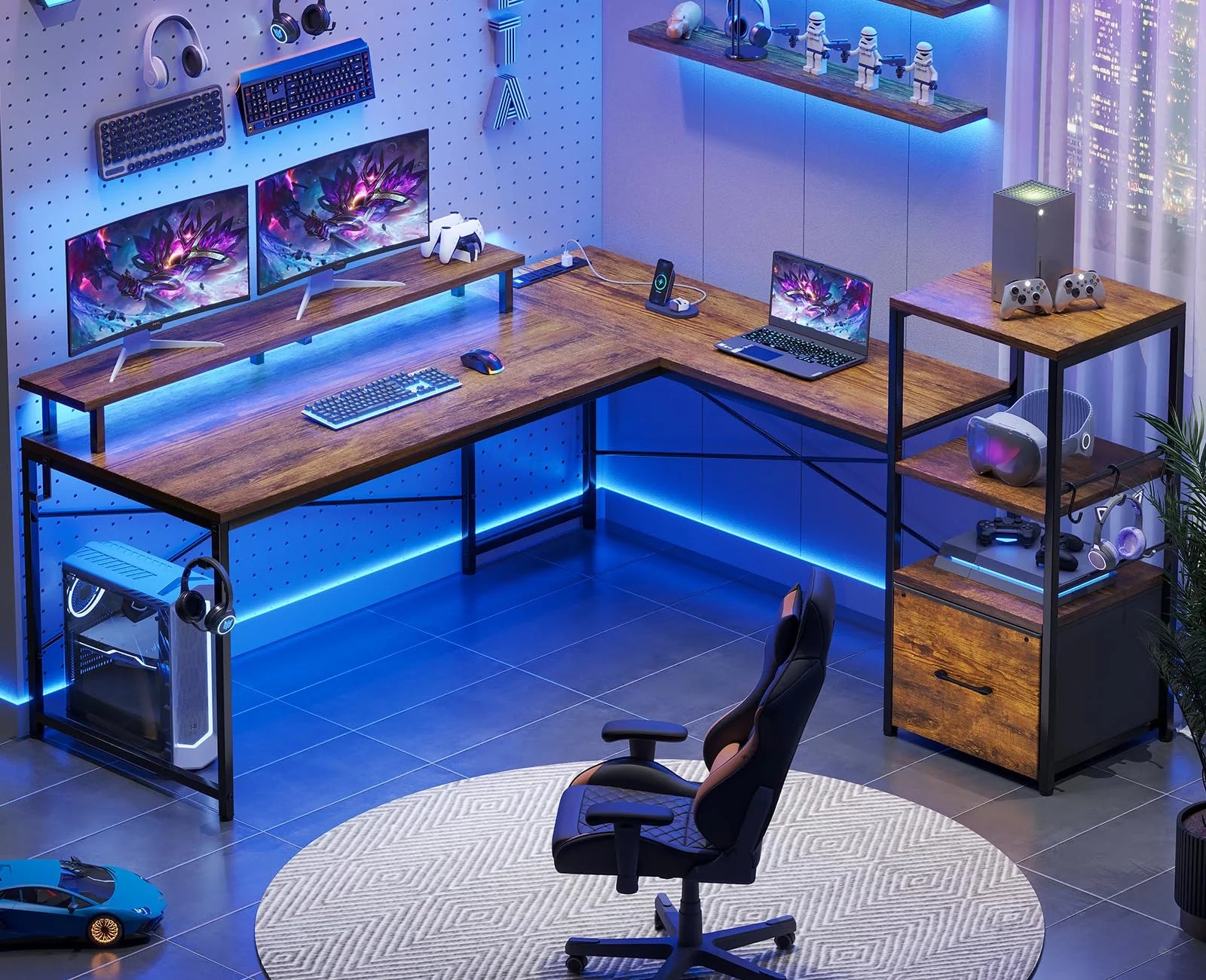 L Shaped Desk with Power Outlets and LED Lights, Rustic Brown C128