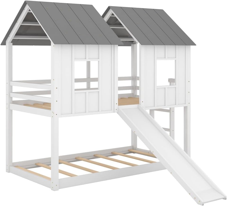 Twin Over Twin House Bunk Bed with Slide and Windows, White L7376