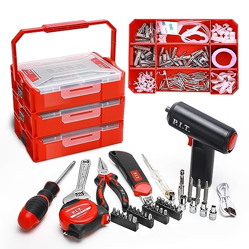 P.I.T. Mini Red Tool Box, Portable 5-Drawer Micro Roll Cab Steel Tool Box with Liner, Red Small Tool Case for Tools Storage, Home DIY