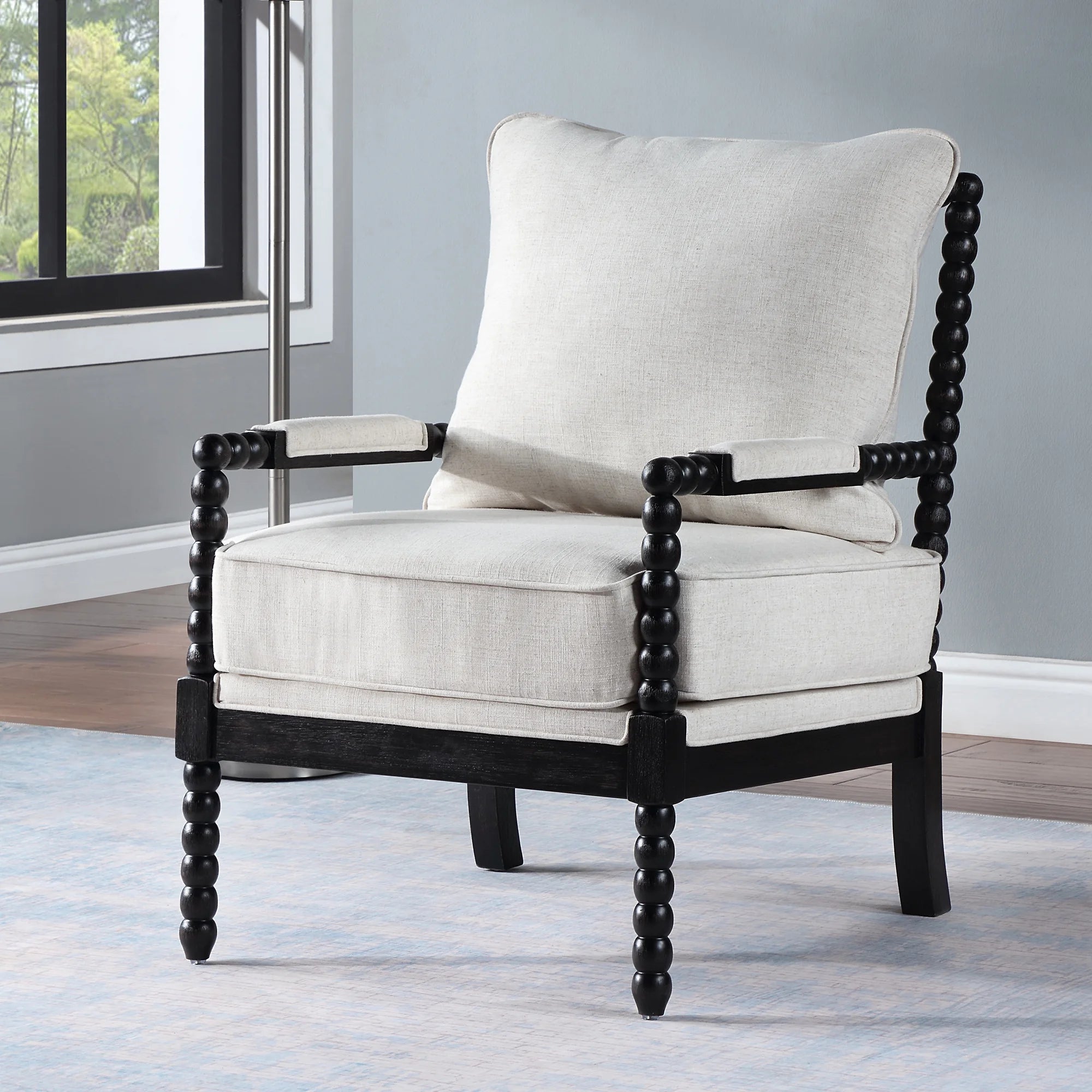 Upholstered Dining Chair with Linen Fabric and Wood Frame, Black and Beige N521953
