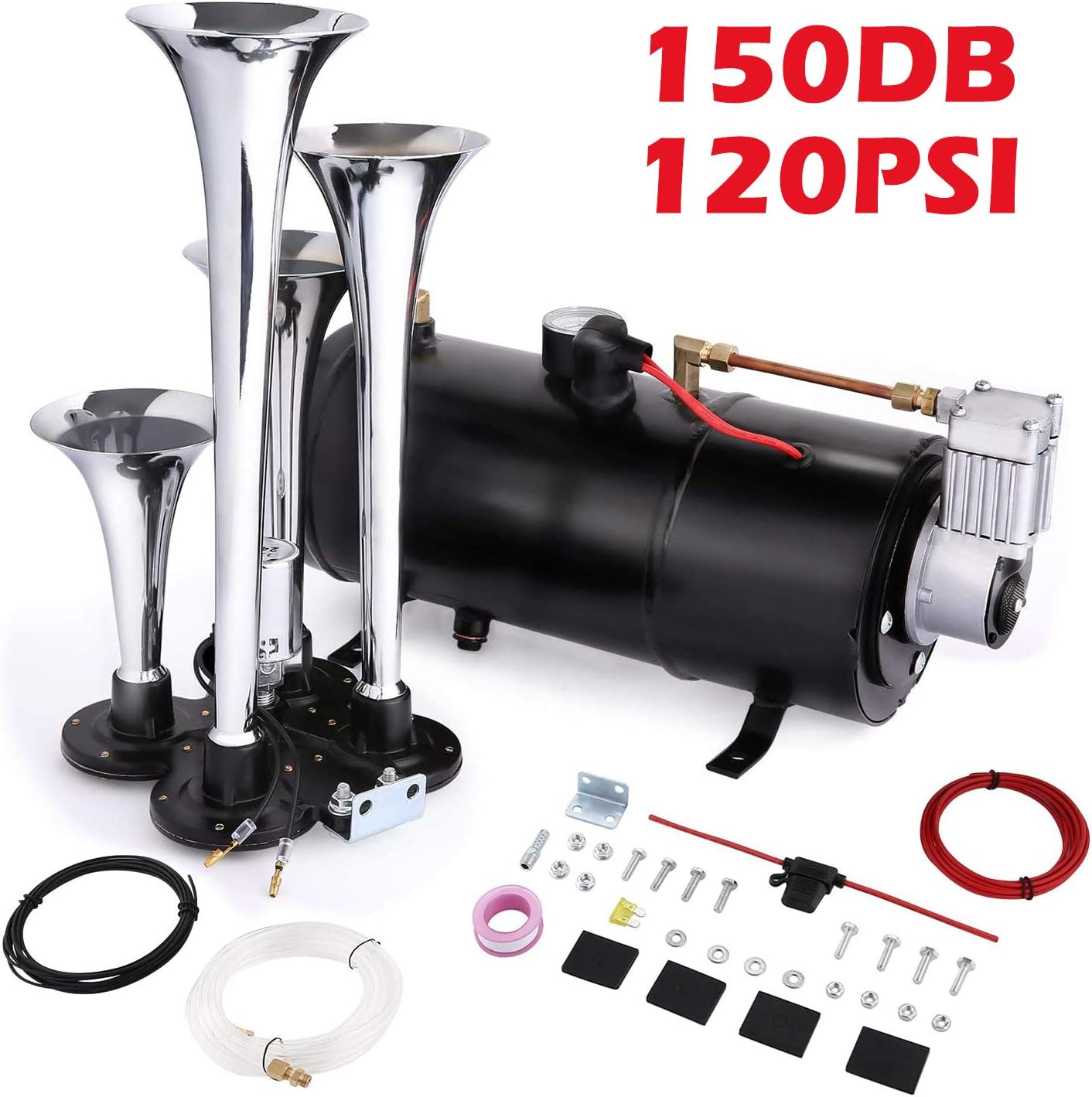 Train Air Horn Kit, 150DB Loud Train Horns Kit, 4 Trumpet Train Horn for Almost Any 12V Vehicle Trucks Car Boat Vans with 120PSI Air Compressor(Black)
