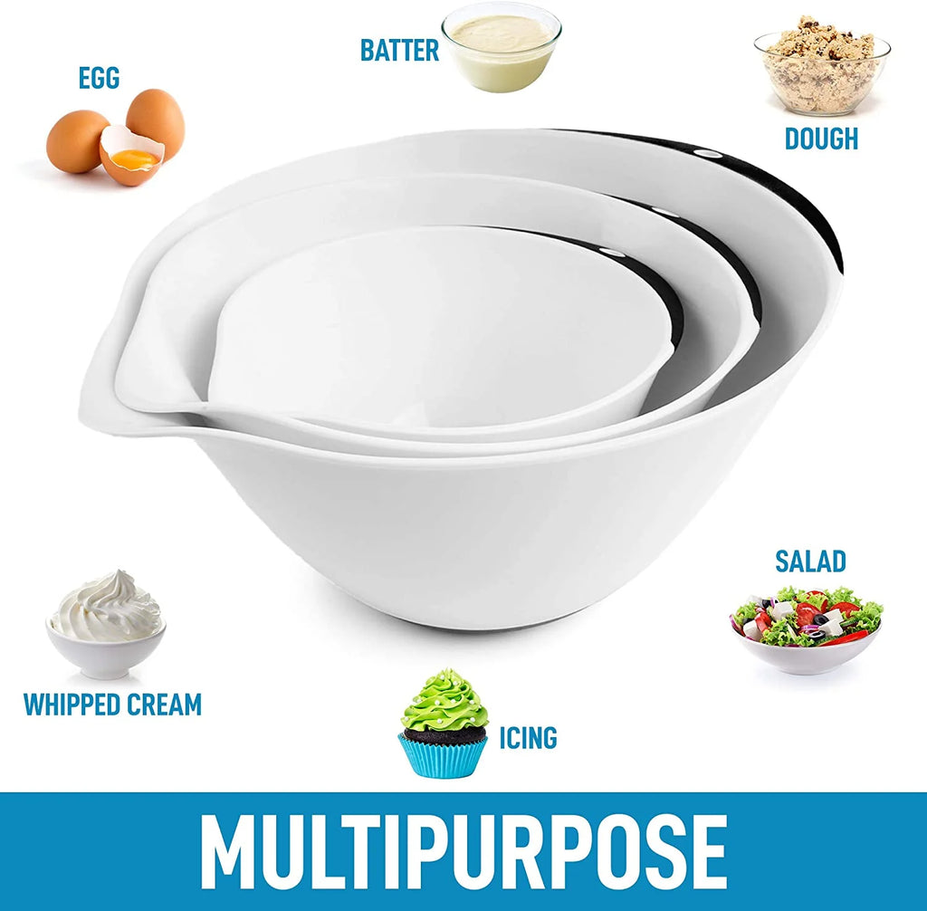 3-Piece Plastic Mixing Bowl Set with Handles, Non-Slip Bottom & Pour Spout F631590