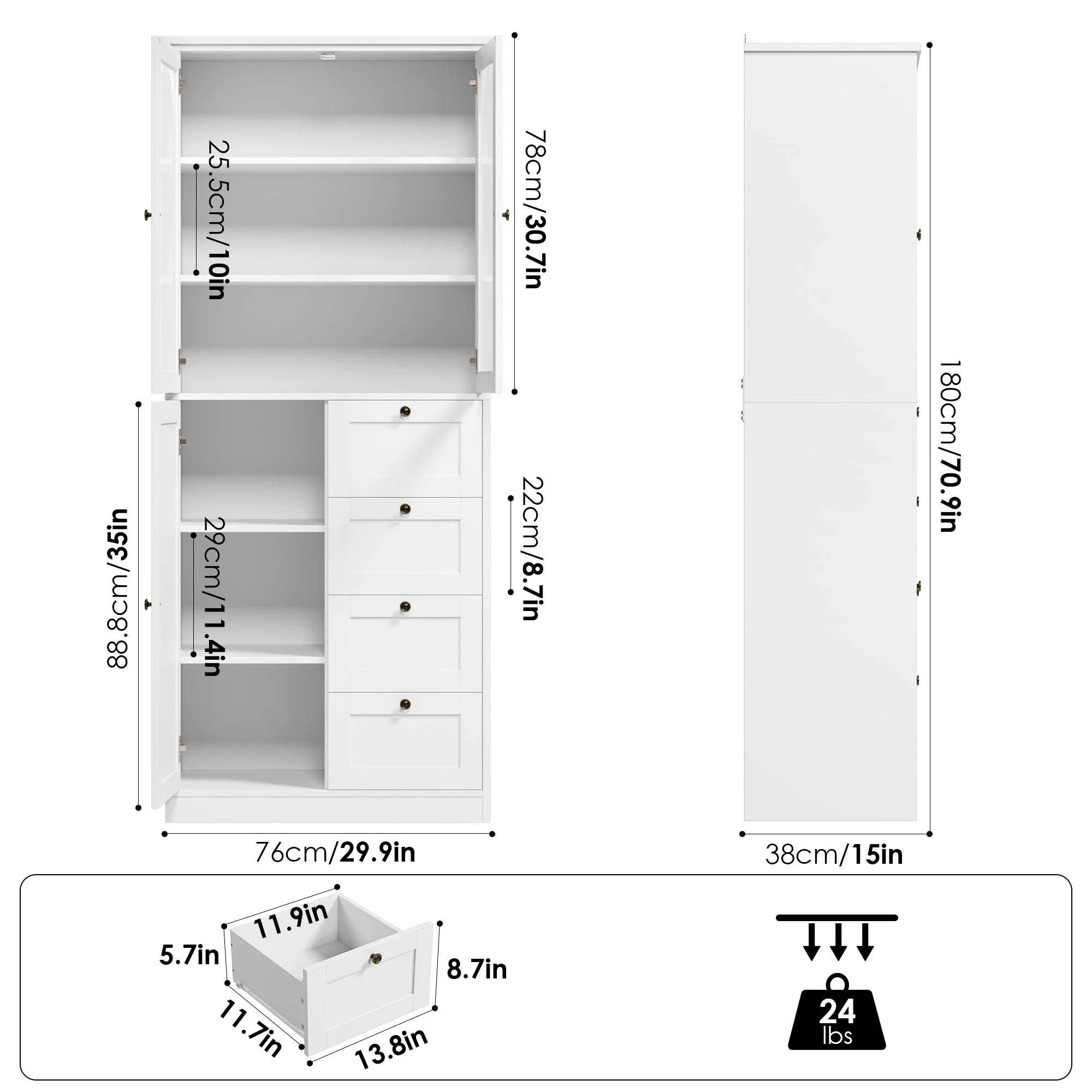 Bathroom Cabinet with Glass Doors and 4 Drawers, White P117526