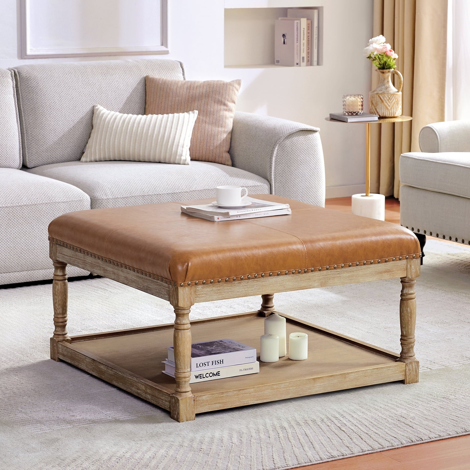 HUIMO Large Square Ottoman Coffee Table for Living Room, Upholstered Tufted Faux Leather Footrest Storage Ottoman with Solid Wood Shelf, Footrest Stool (Brown)