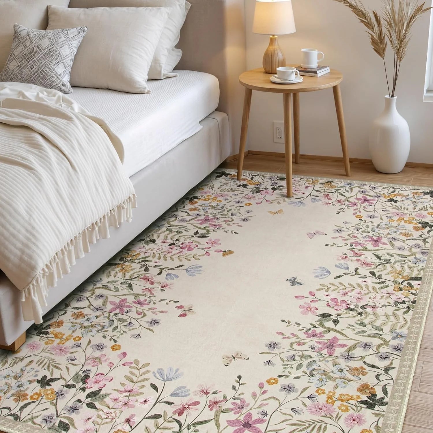 Washable Green Floral Area Rug 4x6, Non-Slip Low-Pile Indoor Carpet O8865