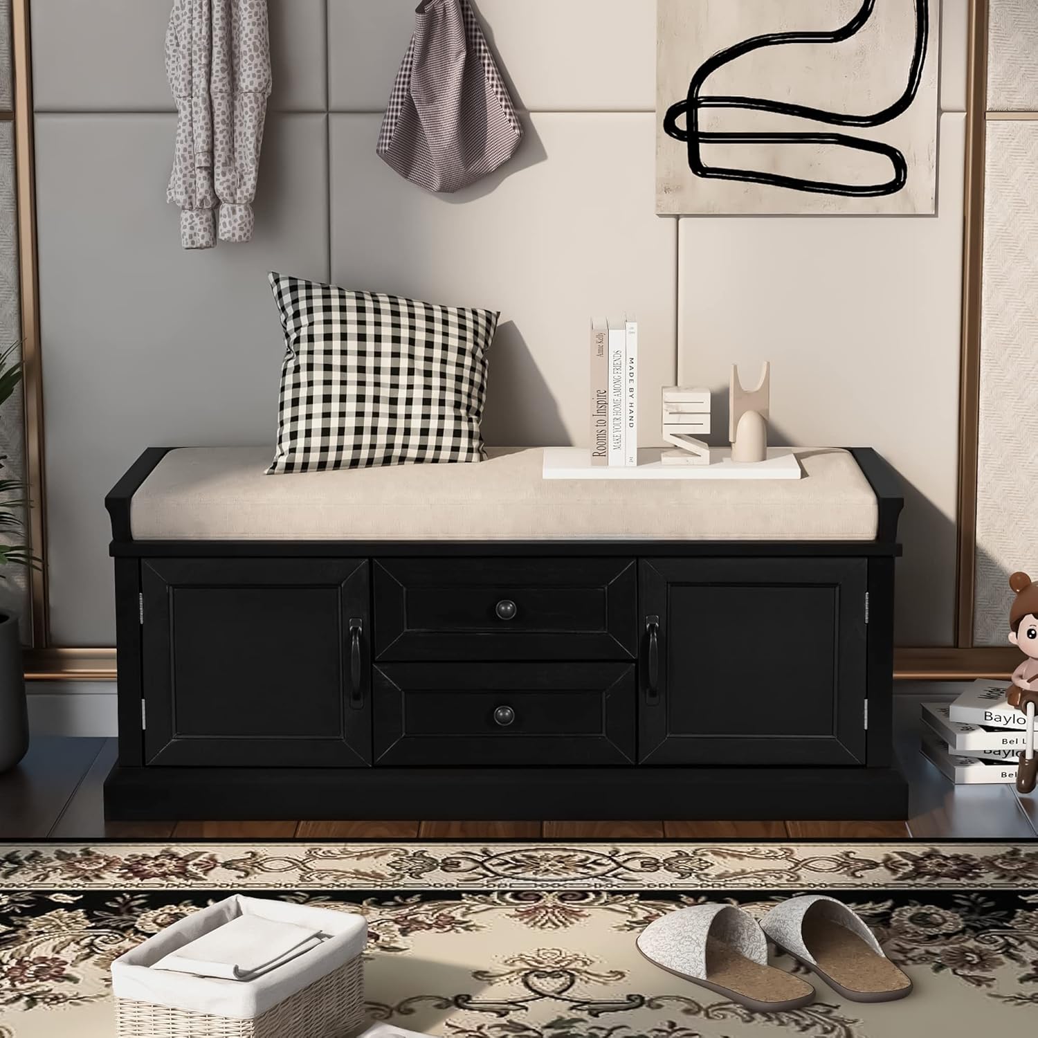 NicBex Storage Bench with 2 Drawers and 2 Cabinets Modern Seat Bench with Storage and Seating Bench,Shoe Storage Organizer with Removable Cushion for Living Room, Entryway, Black