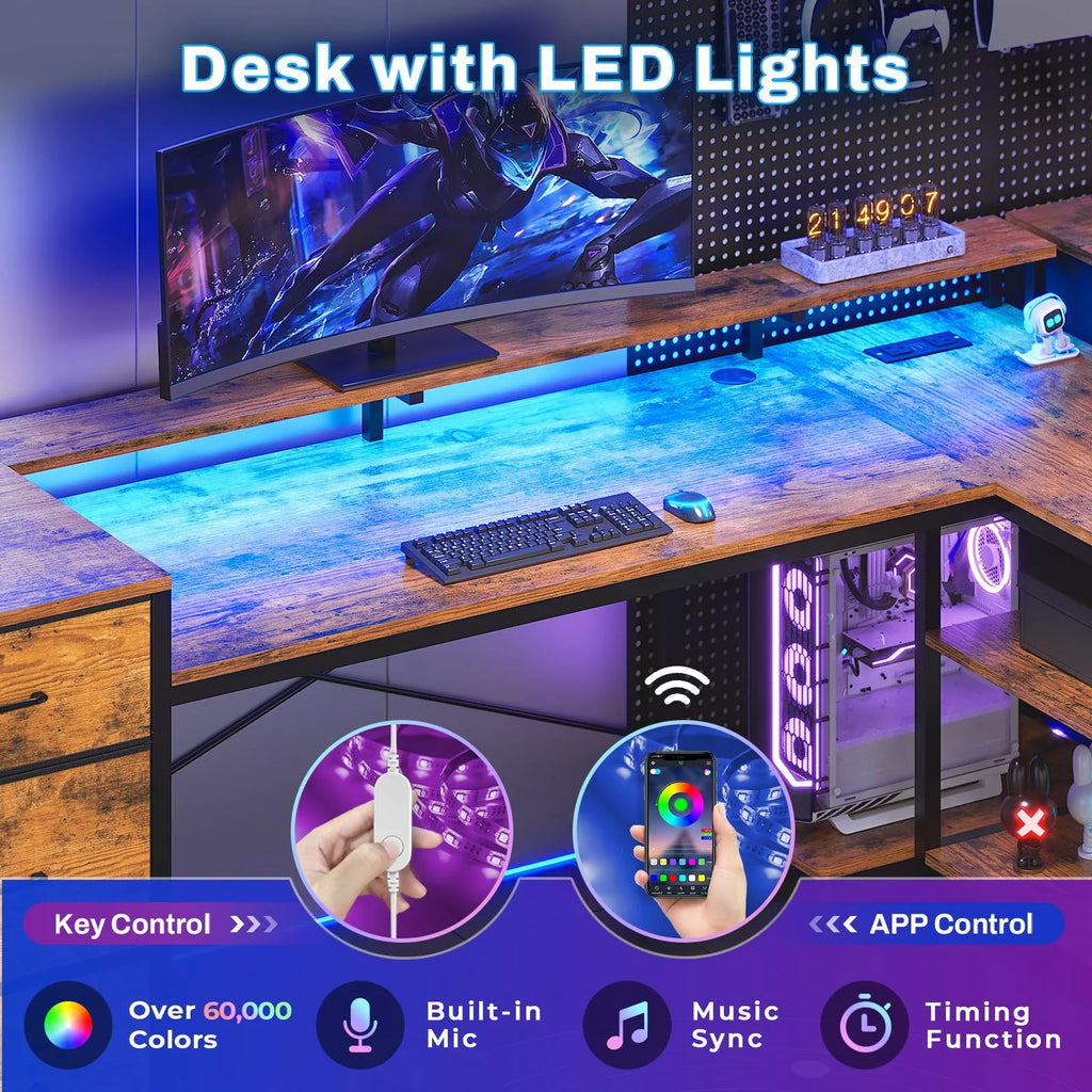 Corner Computer Desk with LED Lights and Power Outlet P412303