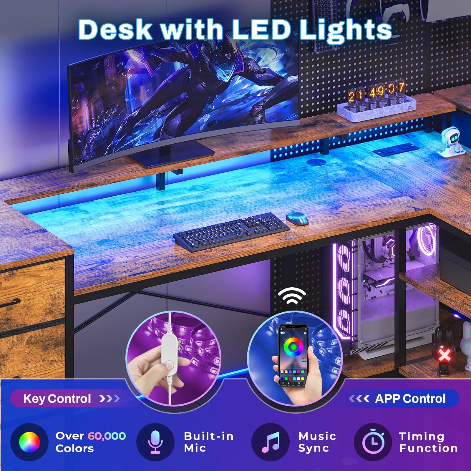 Corner Computer Desk with LED Lights and Power Outlet P412303