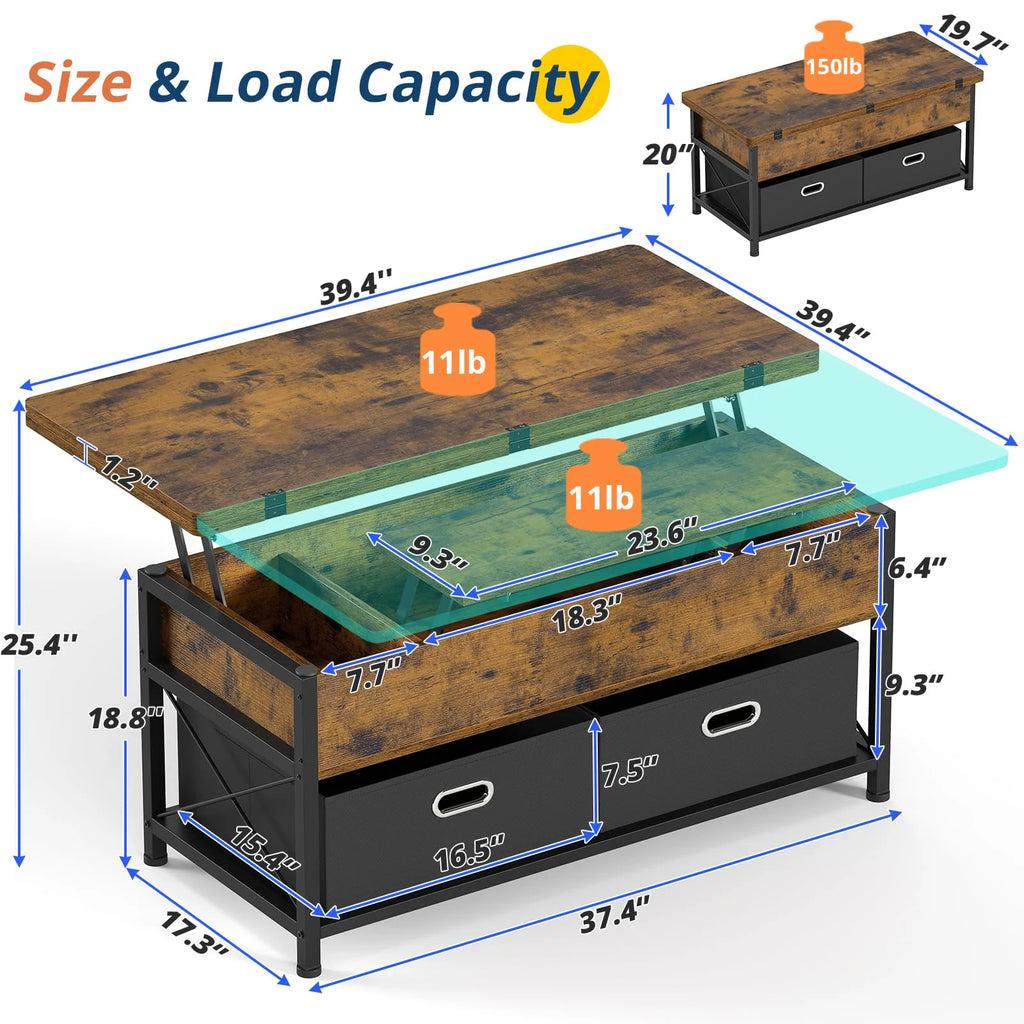 Lift Top Coffee Table with Storage Drawers, Rustic Brown J809657