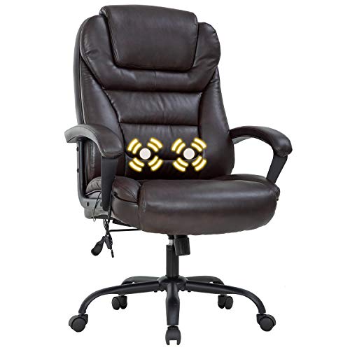 Big and Tall 500lbs Wide Seat Ergonomic Desk Chair with Lumbar Support Arms Headrest Massage Office Chair Rolling Swivel PU Leather Task Computer Chair for Adults (White)