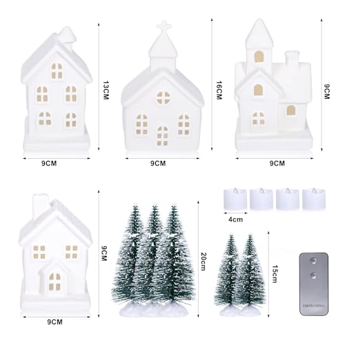 9 Pcs Christmas Village Figurines Set with Lighted Ceramic Houses and Trees O3990