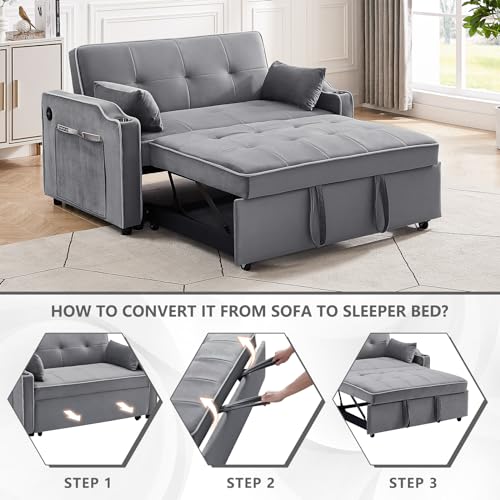 Convertible Sleeper Sofa Bed with Pull Out Bed, Adjustable Backrest, Gray H87271