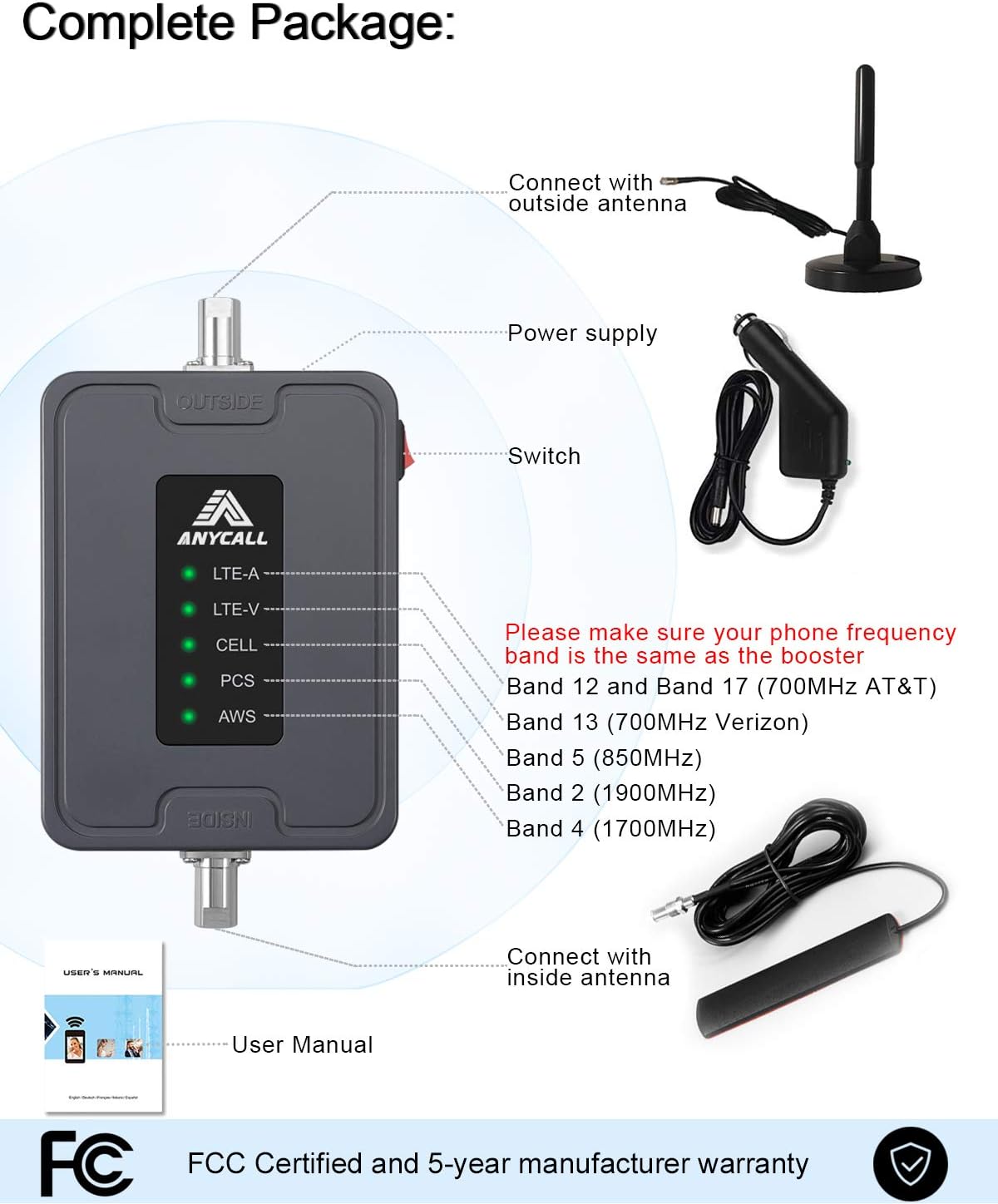 Cell Phone Booster for Car Truck 5 Bands Vehicle Signal Repeater 3G 4G LTE D8771
