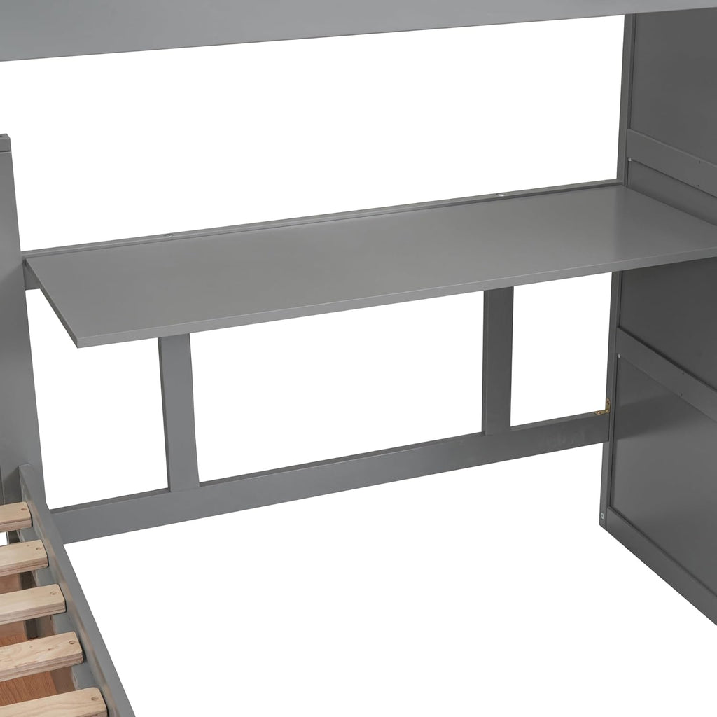 Triple Bunk Bed with Stairs, Storage, Desk and Wardrobe, Gray Z684334